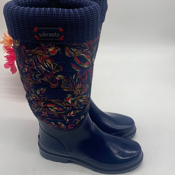 SakRoots Navy Blue Floral Print Waterproof Rain Boots Size 7 - Picture 2 of 10